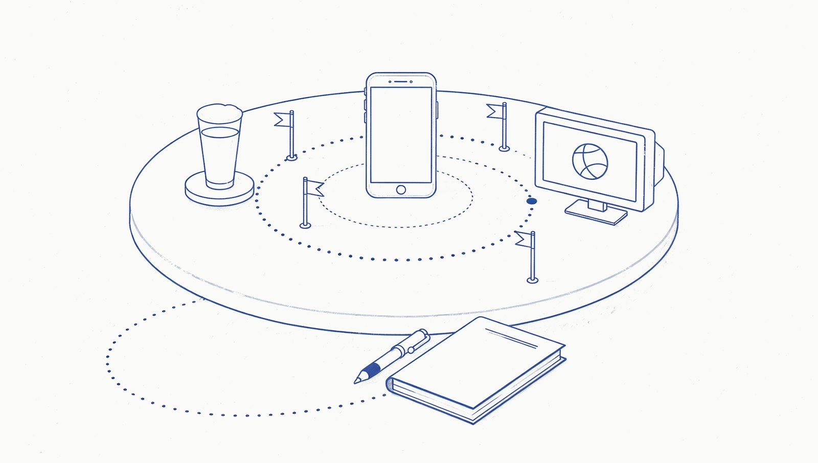 Illustration: a phone on a winding flagged path beside a pint glass and a screen